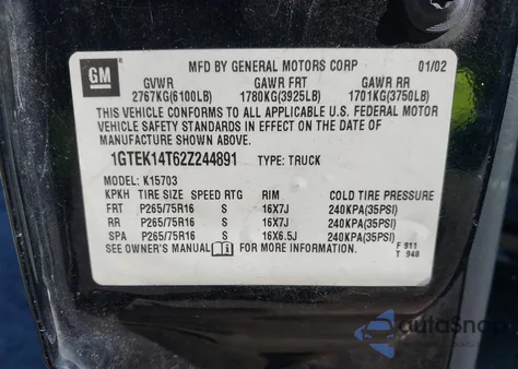 2002 GMC Sierra 1500 Sle from USA, damaged, VIN 1GTEK14T62Z244891